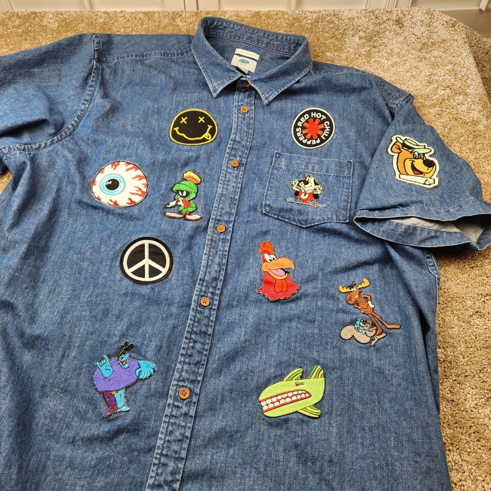 Old Navy XXXL Tall Denim Button Down Shirt Custom Patch Nirvana‎ Yogi Bear